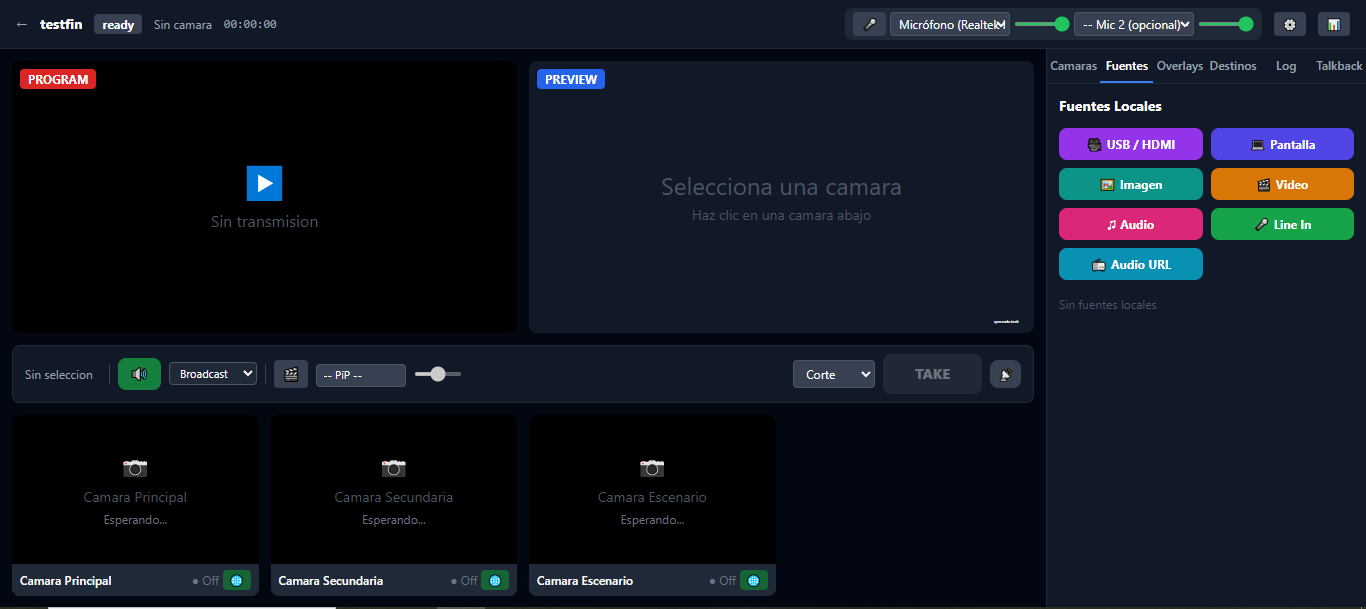 Vista del director en Gurí Stream: grilla de cámaras y controles